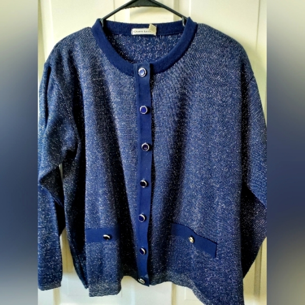 Karen Lessly Size XL, blue w/ silver metallic thread cardigan sweater